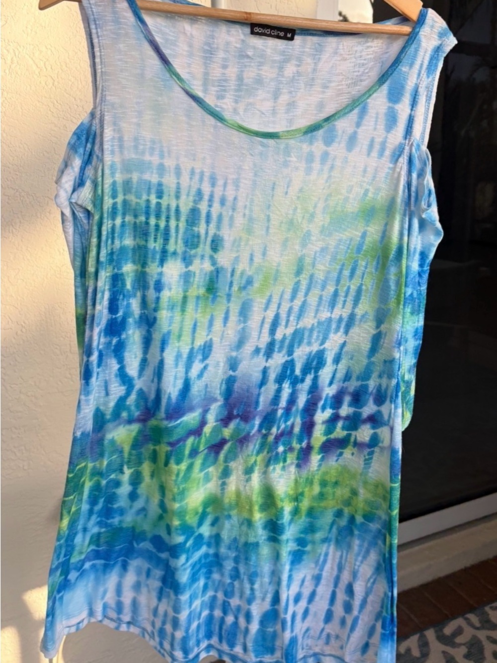 David Cline Blue Green Tie-Dye Cold-Shoulder Dress. Lightweight, MEDIUM, EUC